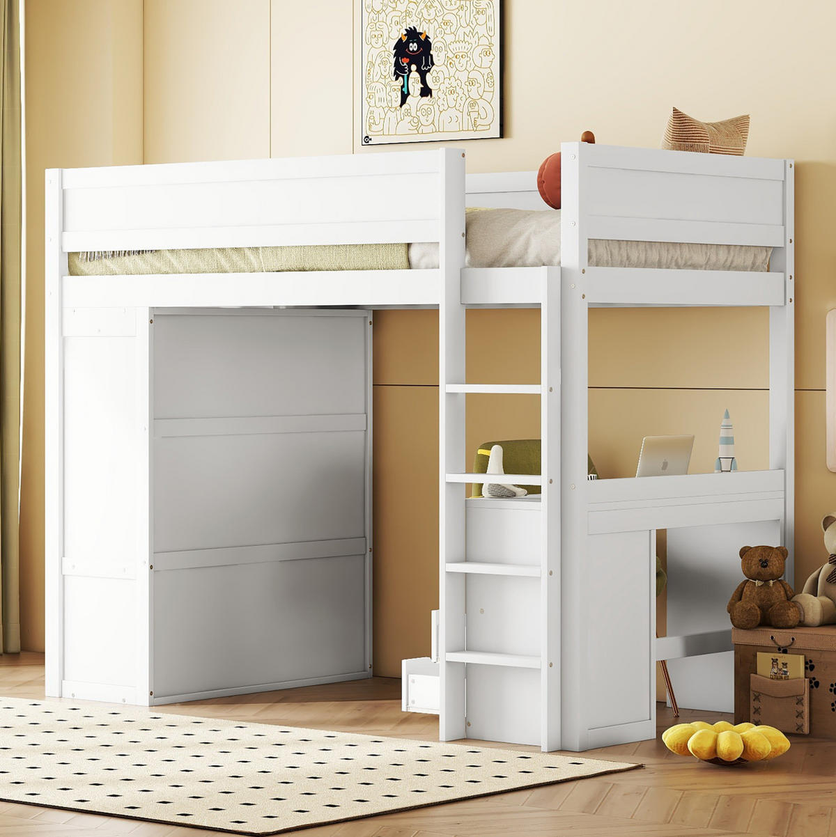 HOCHBETT 90/200 cm weiß mit Schreibtisch und Kleiderschrank - Weiß, Holz (90/200cm) - OKWISH