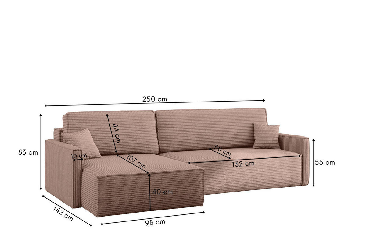 SCHLAFSOFA Carlos, Ecksofa L-Form mit schlaffunktion und bettkasten Stoff Poso Rosa Links - Rosa, Holz (142/83/250cm) - Kaiser Möbel