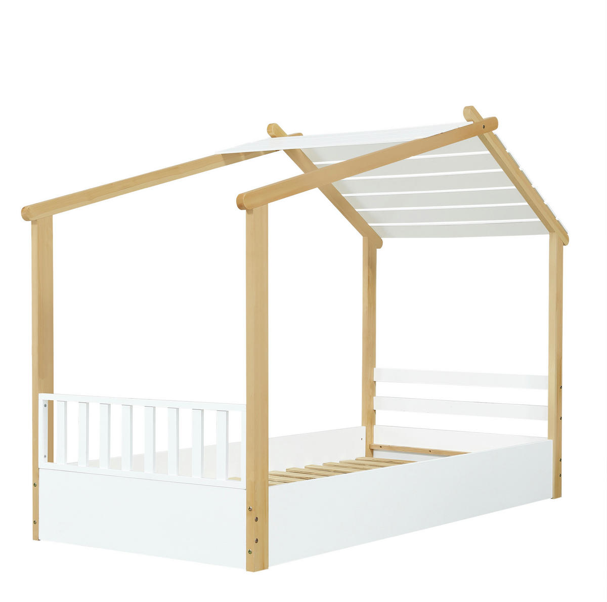 HAUSBETT aus Kiefer, Spanplatte und MDF 90x200 cm Weiß/Natur mit Lattenrost im Holzhausdesign - Weiß, Holzwerkstoff (90/200cm) - Modfu