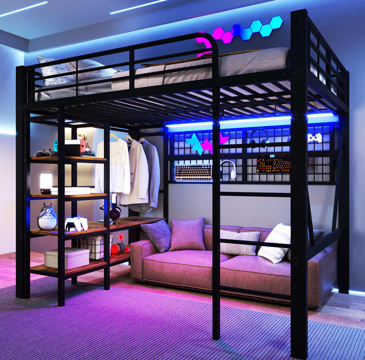 HOCHBETT 140/200 cm Schwarz mit LED-Lichtleiste und Ablagefach - Schwarz, Metall (140/200cm) - MIVRAY