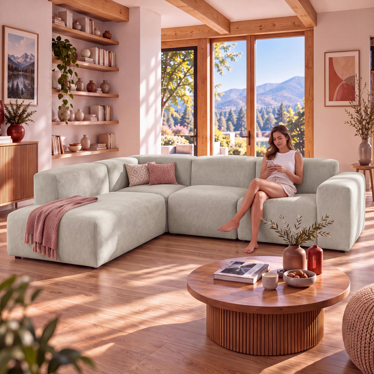 4-SITZER modulares Ecksofa HEAVEN SET 2 Links, Breite 300 cm Webstoff Olivgrün - Schwarz/Olivgrün, Holz/Kunststoff (300/245cm) - Muffo
