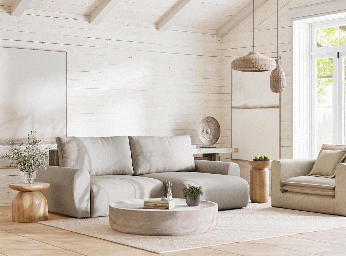 ECKSOFA MIT SCHLAFFUNKTION Numba Beige Webstoff - Beige/Schwarz, Holz/Holzwerkstoff (253/153cm) - Maison de Reve