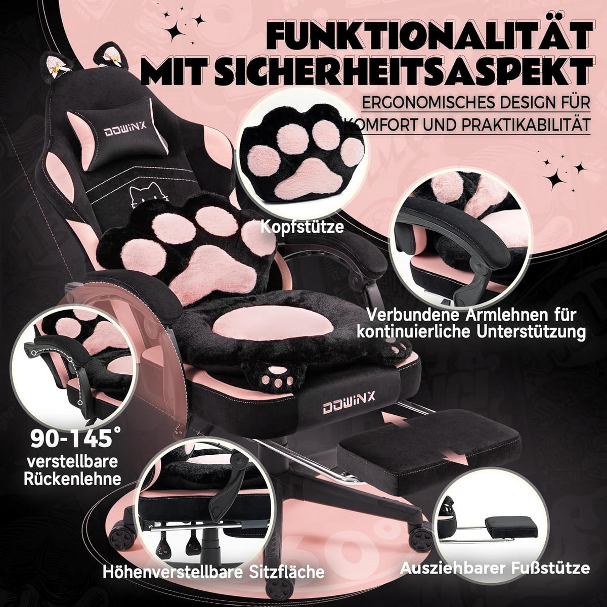 GAMING-STUHL Ergonomischer & Fußstütze Bürostuhl & Lendenwirbelstütze - Schwarz, Leder (52/126/49cm)
