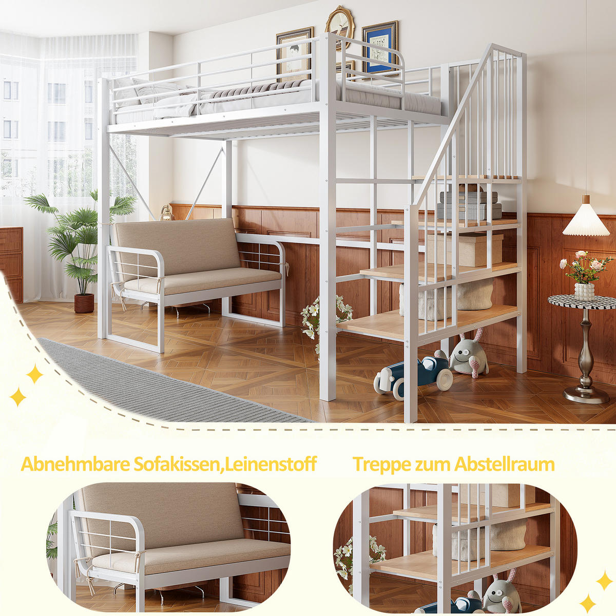 ETAGENBETT 90/200 cm mit abnehmbarem Polstersofa, Stauraumtreppe und Metall-Rahmen, Weiß - Weiß, Holzwerkstoff (90/200cm) - Redom
