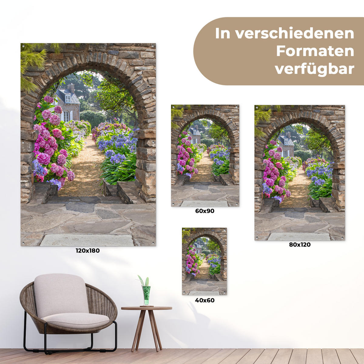 ZAHRADNÍ PLAKÁT Květiny - pohled - hortenzie - léto 80x120 cm - hnědá, plast (80/120/0.2cm) - OnlyWow