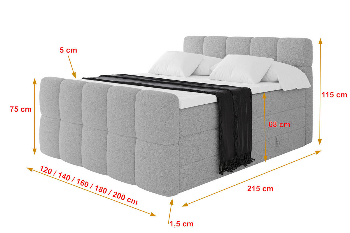 BOXBETT mit Matratze H3/H4 - FAMA-Z KING - 180x200 cm Hellgrau Quelle - Hellgrau, Holzwerkstoff (180/200cm) - ALTDECOR