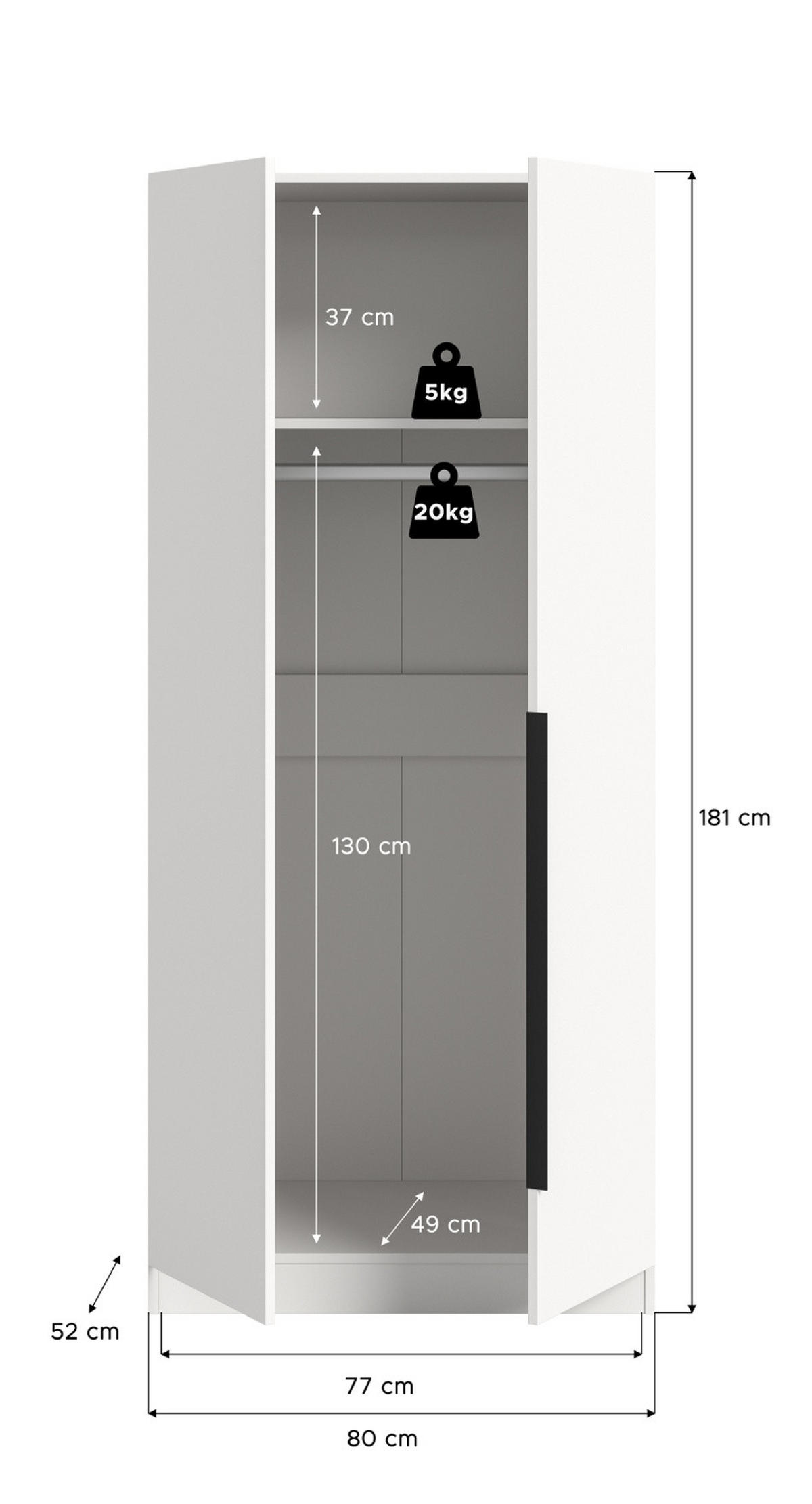 KLEIDERSCHRANK weiß 2-türig 80 x 181 cm, Drehtürenschrank mit Kleiderstange - Schwarz/Weiß, Holzwerkstoff/Kunststoff (80/181/52cm) - Inn.Furn