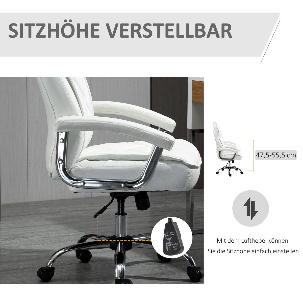 BÜROSTUHL höhenverstellbar Kunstleder Weiß - Weiß, Metall (69/121/66cm) - Meubliv