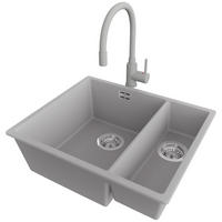 GRANITSPÜLE London Slim Duo, 2-er set Grau 56/47 cm 1,5 Becken + Küchenarmatur 38/14 cm + Ablauf-Set ab 60er Unterschrank - Chromfarben/Grau, Kunststoff (56/20/47cm) - Primagran