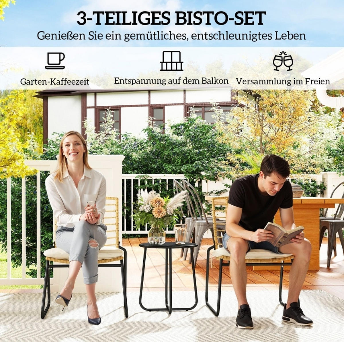 GARTENMÖBEL-SET 56/67/78 cm beige aus Rattan mit stapelbaren Stühlen - Beige, Naturmaterialen - OKWISH