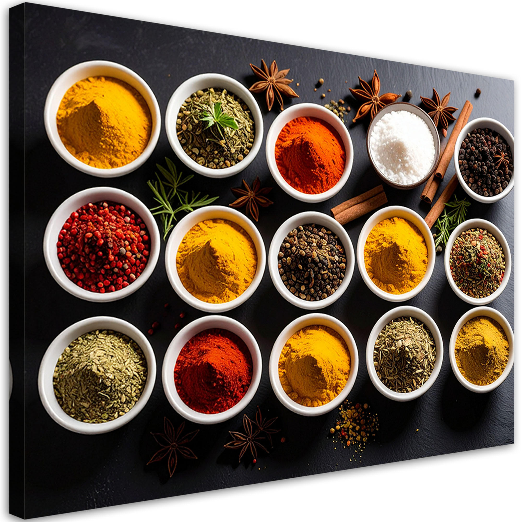 LEINWANDBILD Schälchen mit Gewürzen und Kräutern 90x60cm - Multicolor, Textil (90/60cm) - Feeby