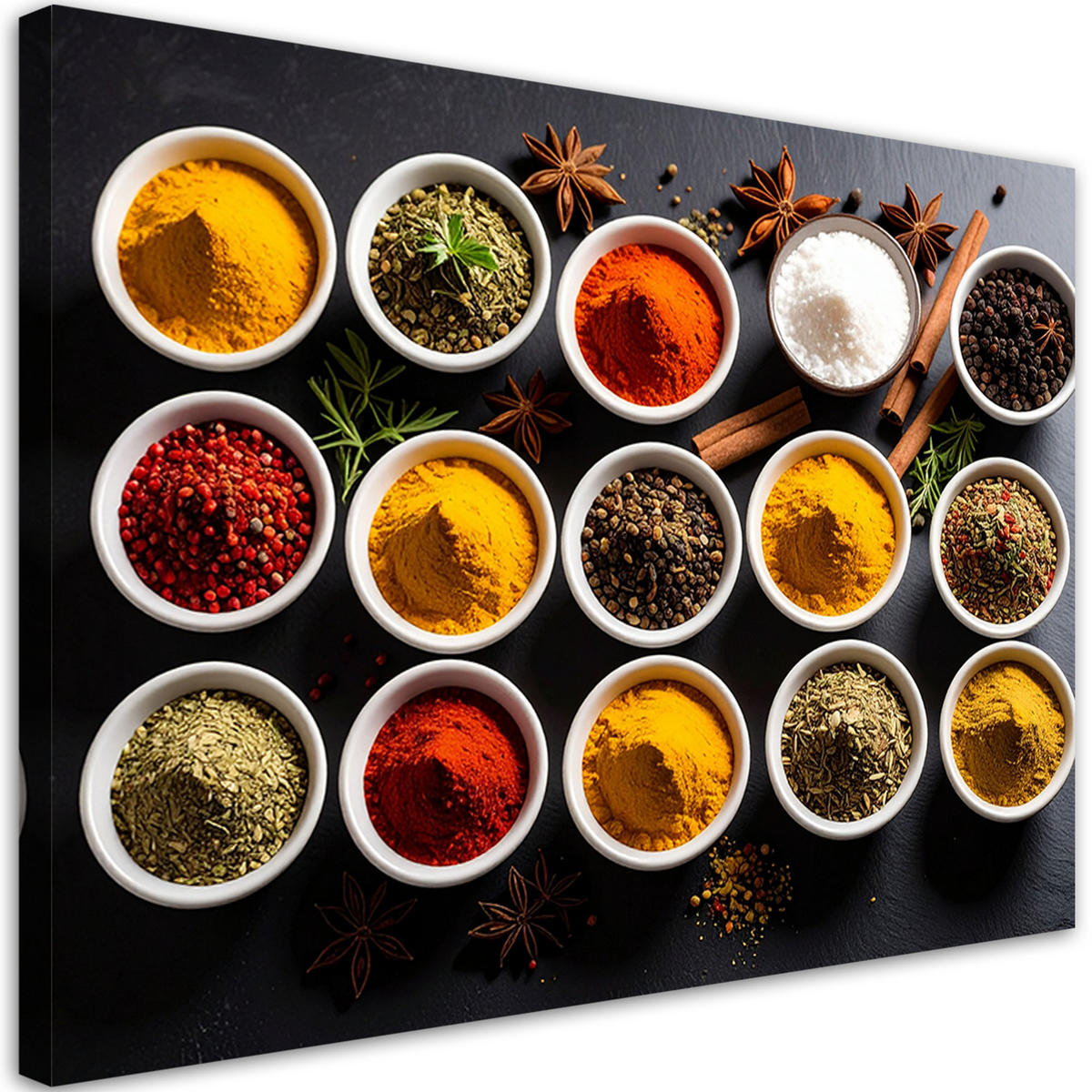 LEINWANDBILD Schälchen mit Gewürzen und Kräutern 90x60cm - Multicolor, Textil (90/60cm) - Feeby