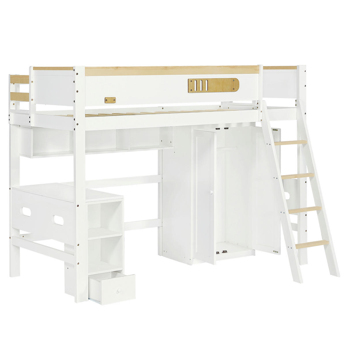 ETAGENBETT 90/200 cm in Weiß & Natur mit Regal, Schreibtisch und Kleiderschrank - Weiß/Naturfarben, Holz/Holzwerkstoff (90/200cm) - CHICFURN