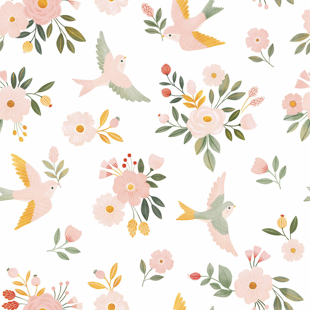 VLIESTAPETE Alysse, Vögel und Blumen 50 cm x 10 m, bunt - Pink/Weiß, Papier (1000/50cm) - Lilipinso