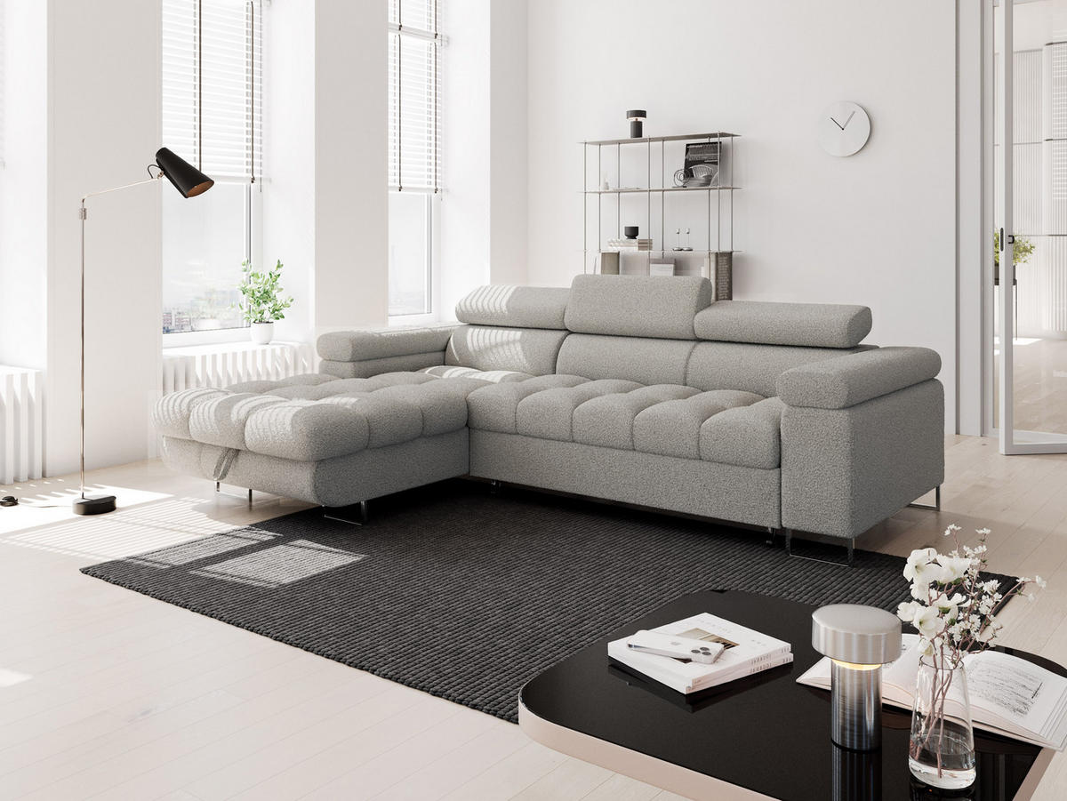 ECKSOFA CLOUD Links Dunkelbraun L-Form Bouclé-Stoff mit Schlaffunktion und Bettkasten - Chromfarben/Dunkelbraun, Holz/Metall (235/275cm) - Barchello