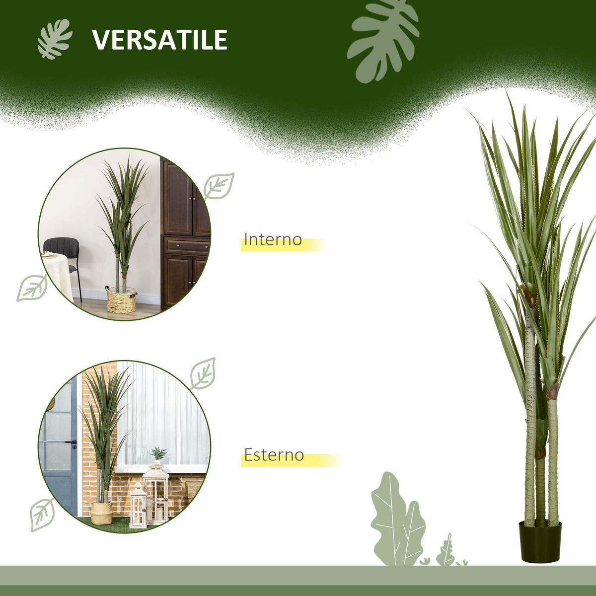 KUNSTPFLANZE, Künstliche Yucca-Pflanze 190 cm, 39 Blätter im PEVA- & Zementtopf, realistisch - Multicolor, Kunststoff (190cm) - FORIOUS