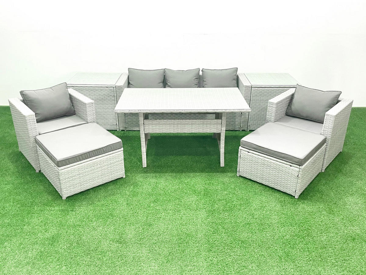 GARTENMÖBEL SET mit Sofa,2 Großer Hockern,2 Beistelltischen Polyrattan Hellgrau 7-Sitzer - Hellgrau/Grau, Glas/Kunststoff - Fimous