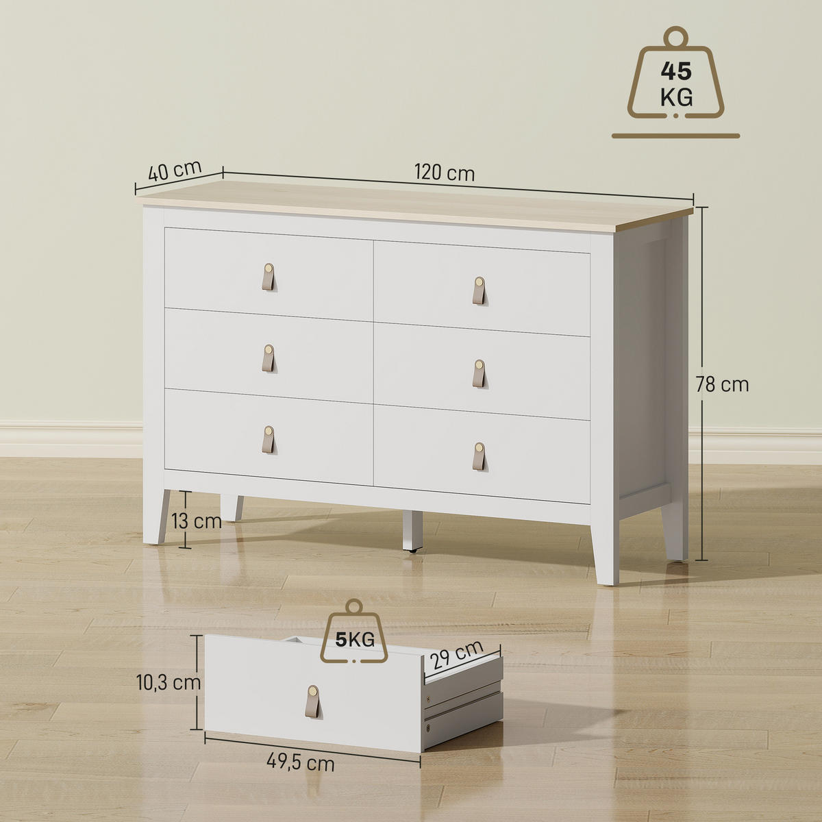KOMOODE DE-12887 6 Schubladen, weiße Polyurethan-Griffe Weiß - Weiß, Holzwerkstoff (120/78/40cm) - ComfortXL