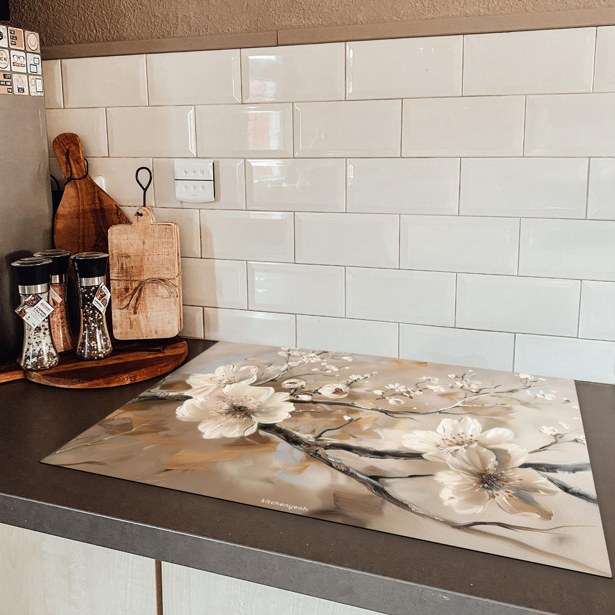 HERDABDECKPLATTE Blumen - Abstrakt - Gemalt - Beige Herdabdeckung Induktionsfeld 75x52 cm - Beige, Kunststoff (75/52/0.2cm) - MuchoWow