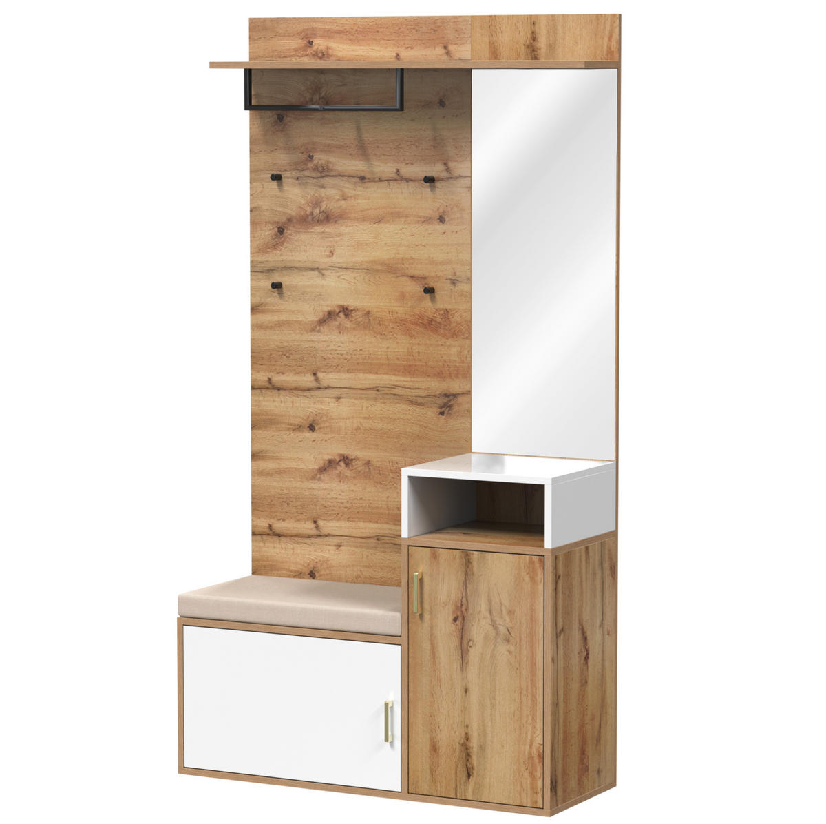 GARDEROBE mit Spiegel und Schuhablage 105/40/190,5 cm in Weiß und Holzfarben - Weiß, Holzwerkstoff (105/190.5/40cm) - BEAOK