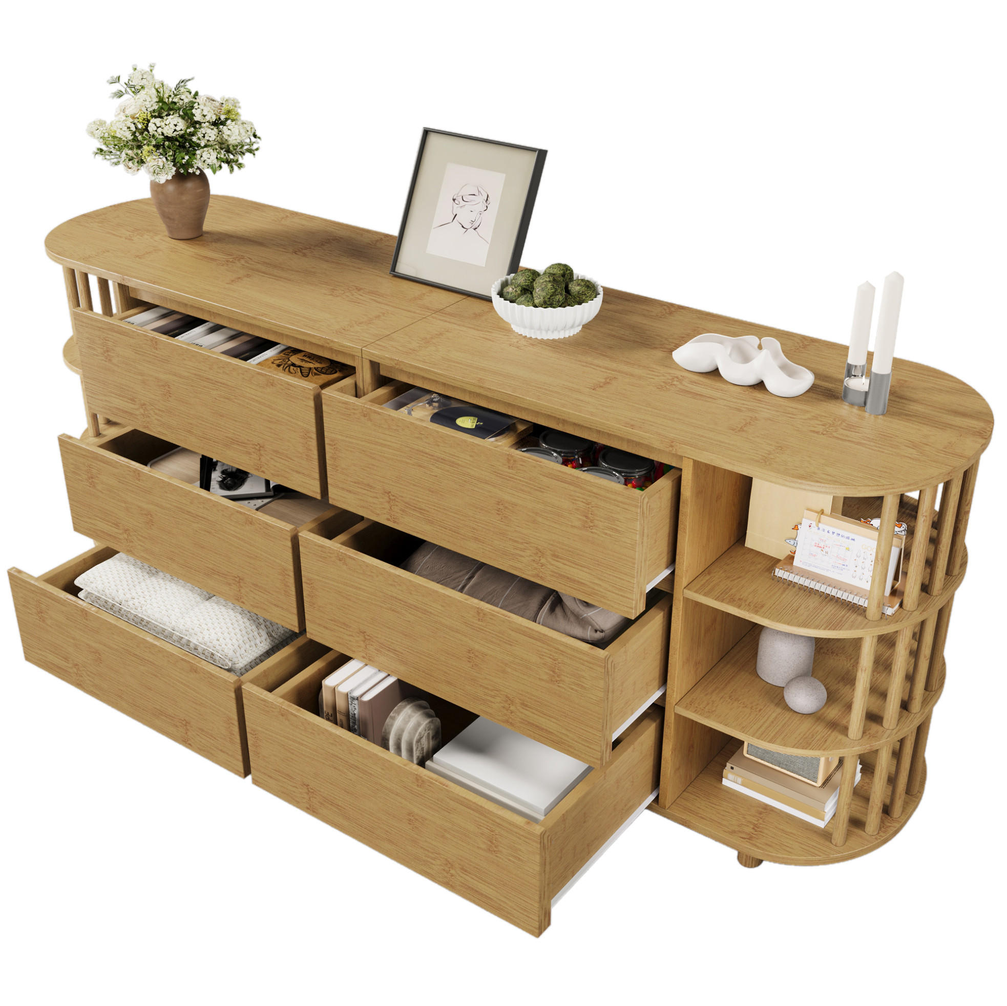 SIDEBOARD 160/40/75 cm in Eiche mit 6 Schubladen und Bambusregalen - Naturfarben, Holzwerkstoff (160/75/40cm) - Flora Grace