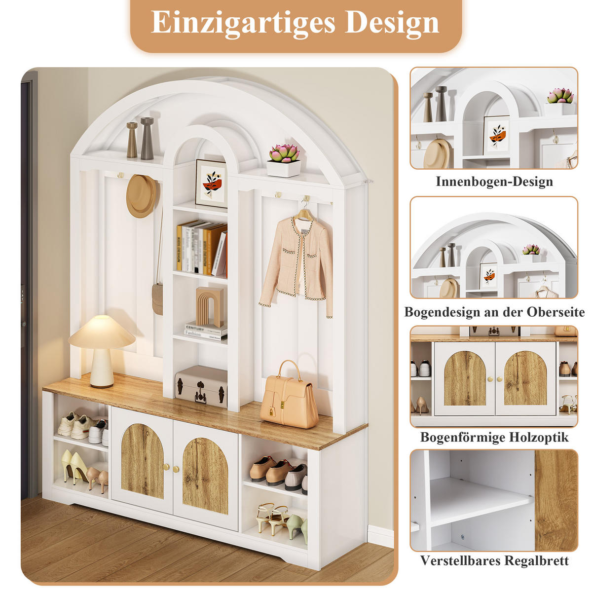 GARDEROBENSCHRANK multifunktional MDF Schuhregal Ablage Haken modern - Weiß, Holzwerkstoff (40/195/150cm) - FLIEKS