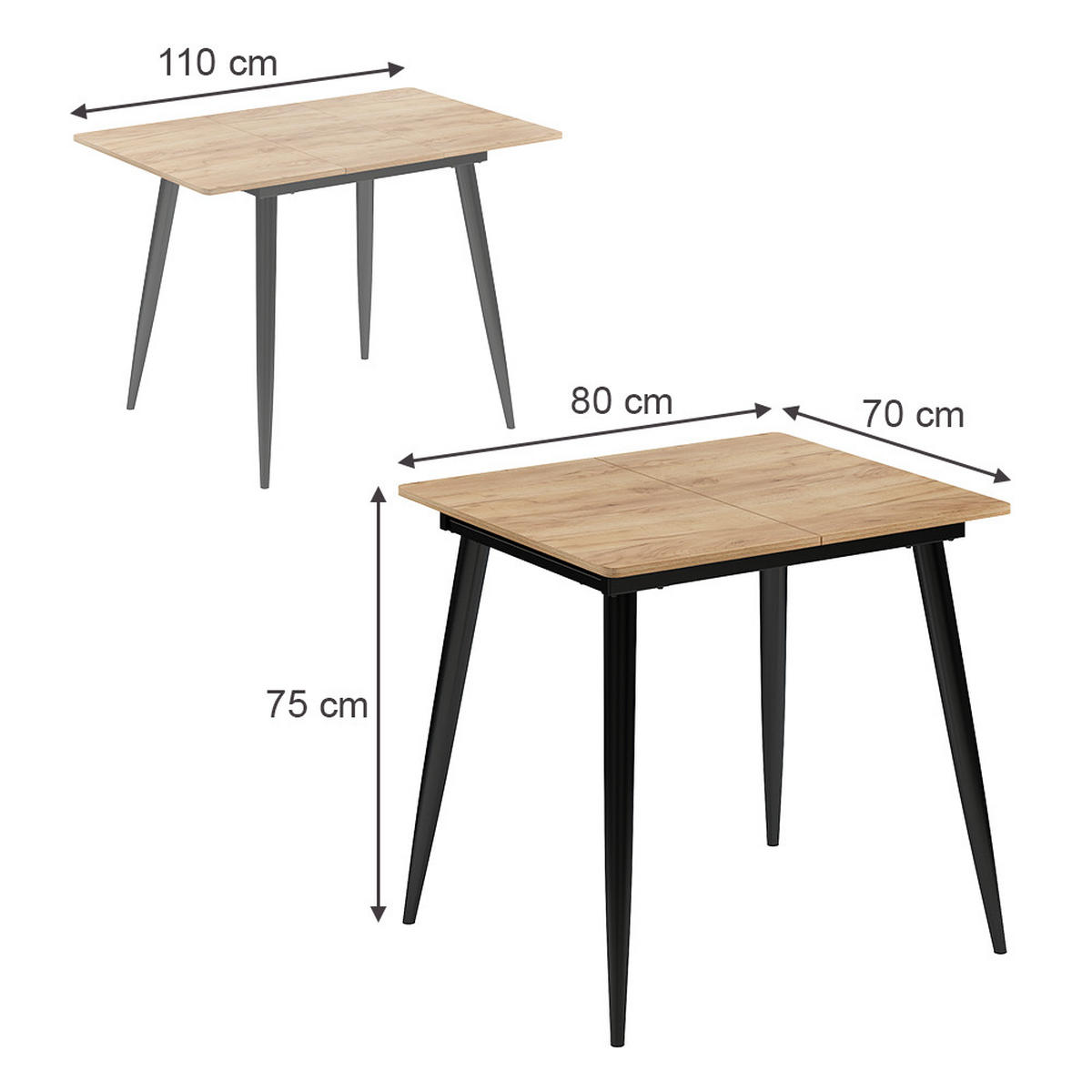 ESSTISCH Beaver Schwarz/Goldkraft Eiche 80 x 70 cm ausziehbar - Eiche Wotan/Schwarz, Holzwerkstoff (70/80/75cm) - Vicco