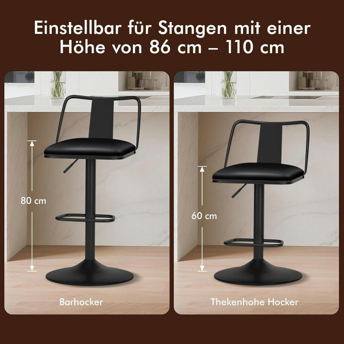 BARHOCKER 2-teiliges Set höhenverstellbar mit Rückenlehne Schwarz - Schwarz, Kunststoff (43/102/43cm)