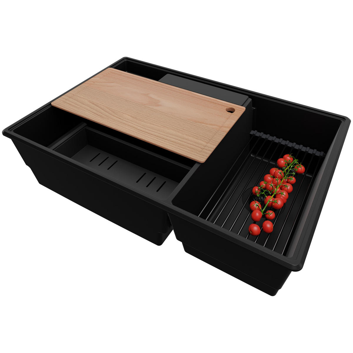 SPÜLBECKEN Paris, 2-er set Alles Schwarz 78/53 cm 2 Becken + Ablauf-Set + Küchenzubehörset ab 80er Unterschrank - Beige/Schwarz, Kunststoff (78/20/53cm) - Primagran