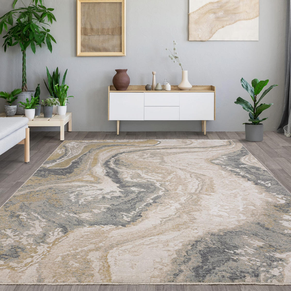 TEPPICH Velours abstrakt Marmoroptik pflegeleicht strapazierfähig Naturtöne SIENA-Elsa, Grau-Beige 200x300 cm - Grau, Textil (200/300cm) - KADIMA DESIGN