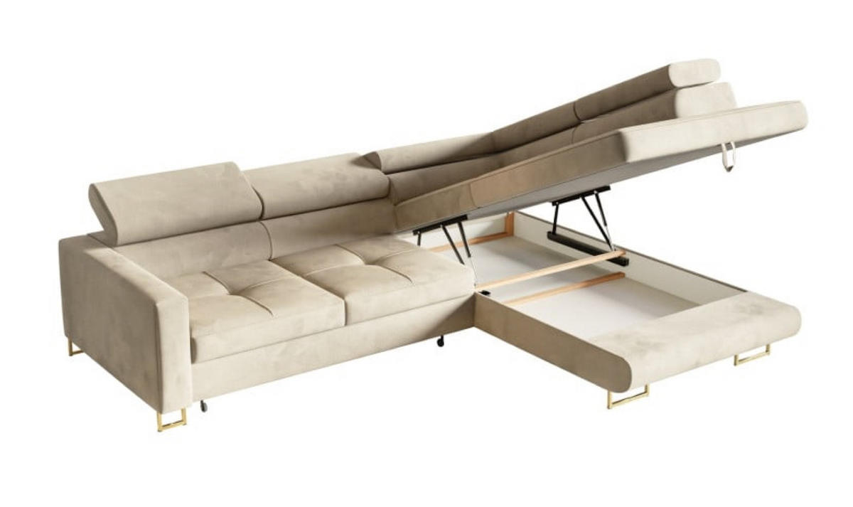 ECKSOFA Gold MERY Mit Verstellbaren Kopfstützen Rechts Ausziehbar - Ecru/Goldfarben, Textil (200/250cm) - Sepro Meble