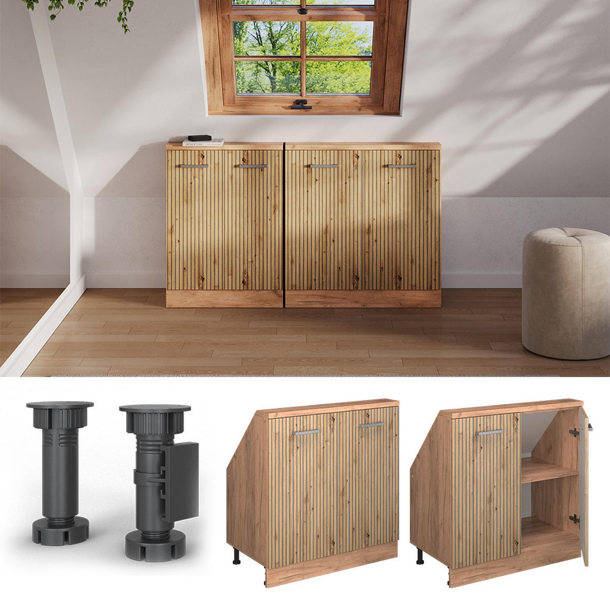 KUCHYŇSKÁ SKŘÍŇKA POD ŠIKMOU STŘECHU R-Line Dub Artisan / dub Goldkraft - medově dubová/dub artisan, kompozitní dřevo (80/81.6/46cm) - Vicco