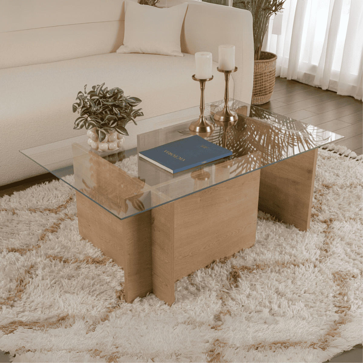 COUCHTISCH mit glasplatte noah 105/65/40 cm - Eichefarben, Holzwerkstoff (105/65/40cm) - Calicosy