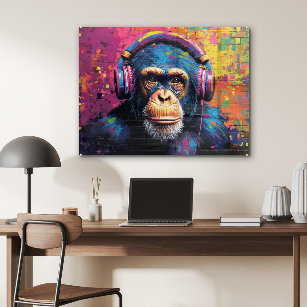 ACRYLGLASBILD Graffiti - Schimpanse - Straßenkunst - Kopfhörer - Affe 80x60 cm - Blau, Glas (80/60cm) - MuchoWow