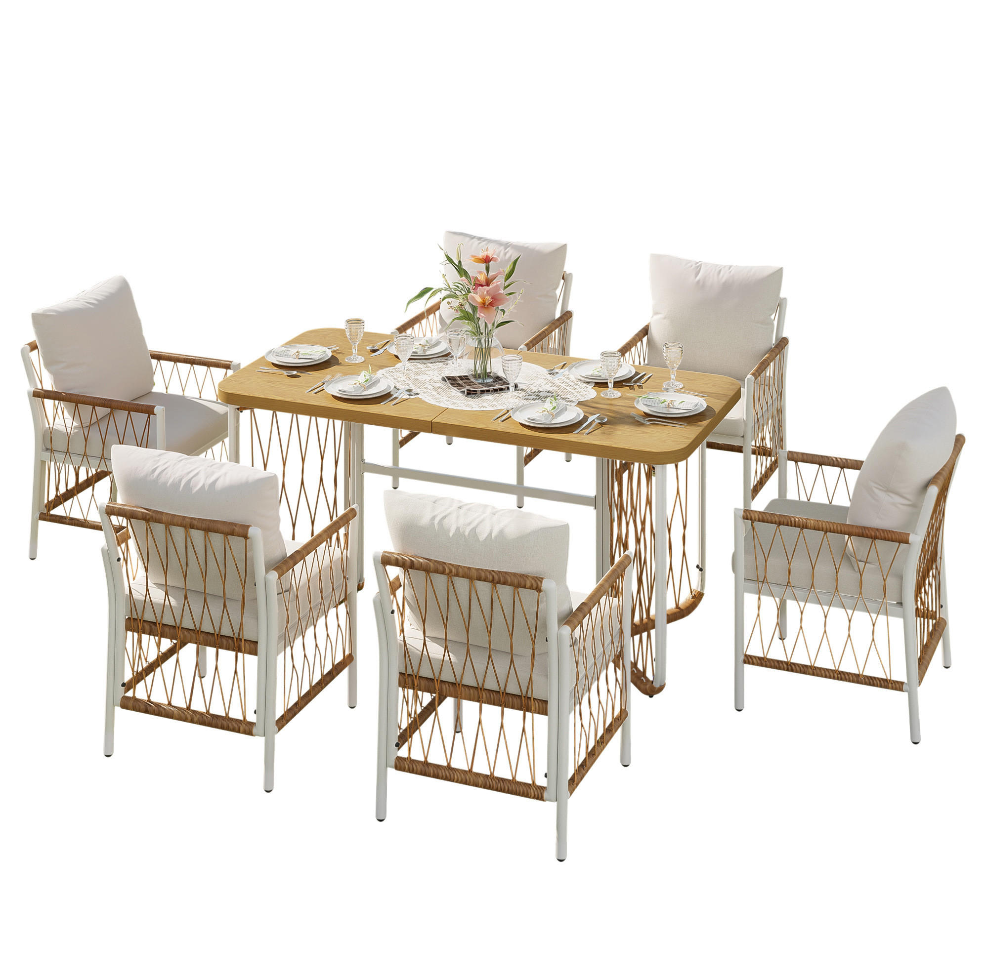GARTENMÖBEL-SET 159,5/77,5/75 cm beige braun natur aus Eisen und Polyester mit Tisch und 6 Stühlen - Beige, Metall - OKWISH