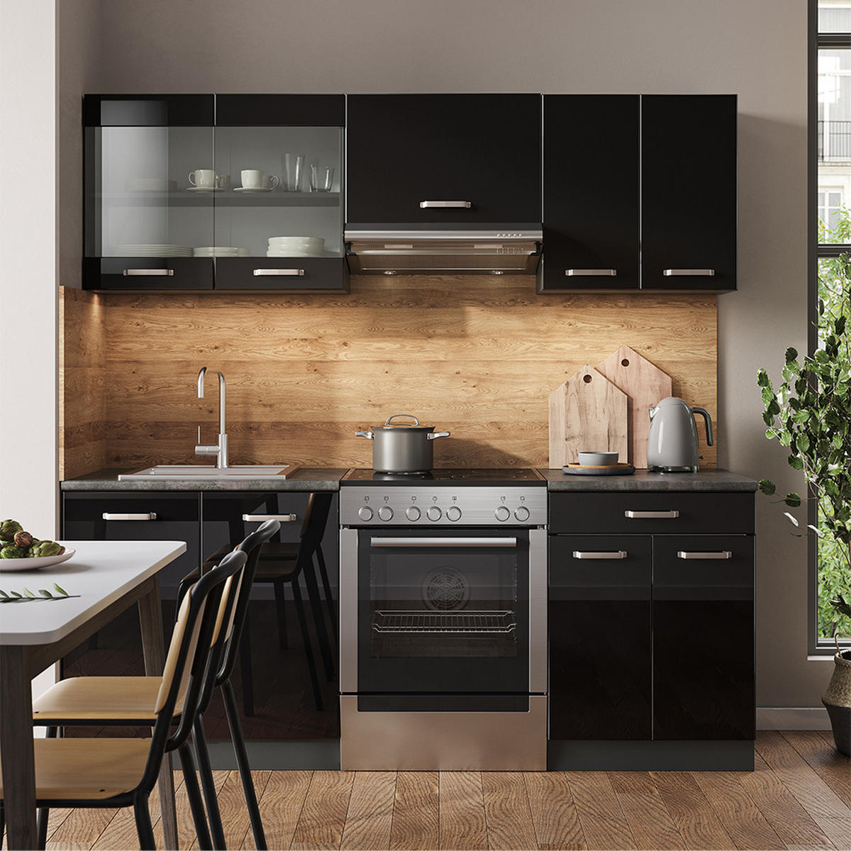 KÜCHENZEILE R-Line Schwarz Hochglanz/Anthrazit 200 cm, AP Marmor - Schwarz Hochglanz/Anthrazit, Holzwerkstoff (200/81.6/60cm) - Vicco