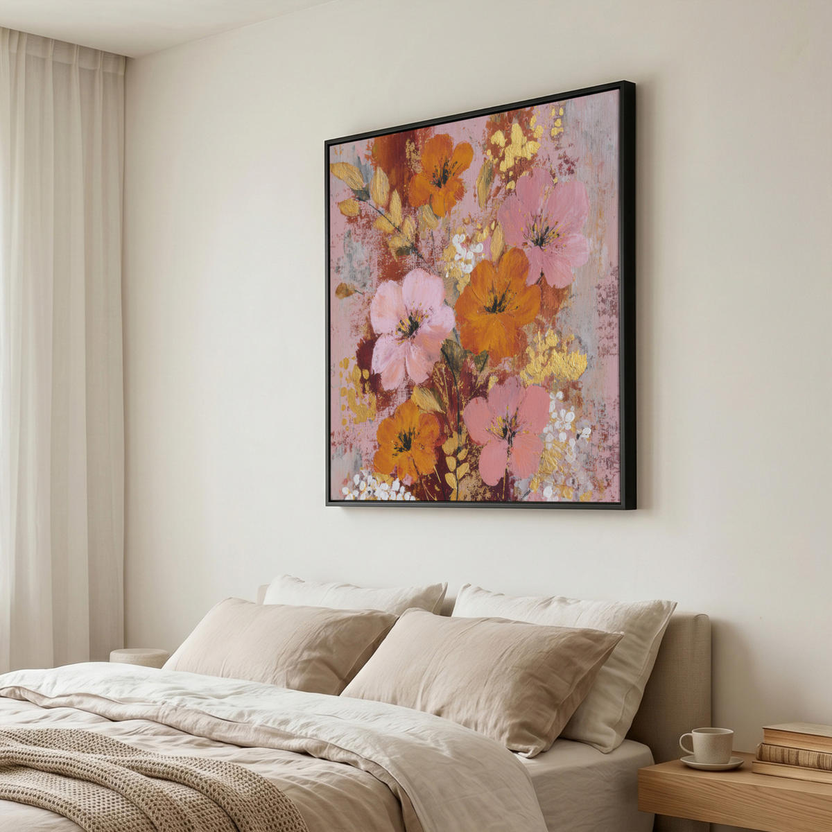 LEINWAND Bilder mit Rahmen - Malerei - Blumen - Rustikal - Rosa - 90x90 - Altrosa, Textil (90/90cm) - MuchoWow