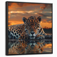 LEINWAND Bilder mit Rahmen - Natur - Leopard - Tier - Sonnenuntergang - Modern - 50x50 - Orange, Textil (50/50cm) - MuchoWow