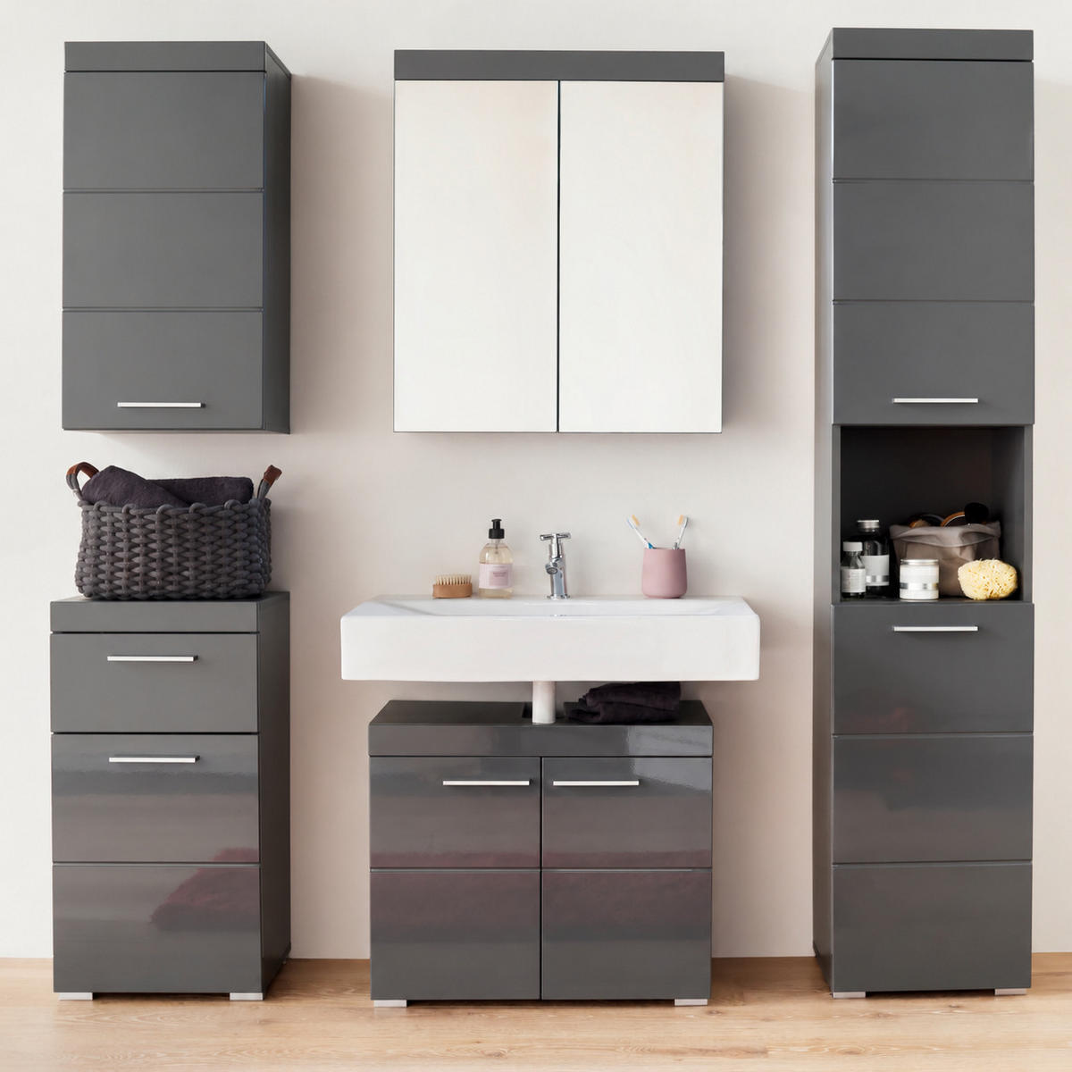 BADMÖBEL-SET grau Hochglanz 5-teilig 163 x 190 cm, Komplett-Set mit viel Stauraum - Grau, Glas/Holzwerkstoff (163/190/34cm) - Top.Furn
