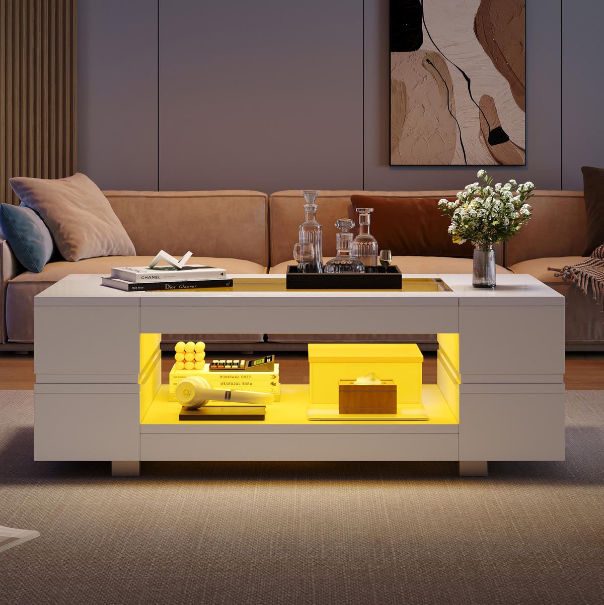 COUCHTISCH aus Spanplatte und Glas 100x50x35 cm Weiß mit LED-Beleuchtung und Stauraum - Weiß, Holzwerkstoff (100/50/35cm) - IVMEU