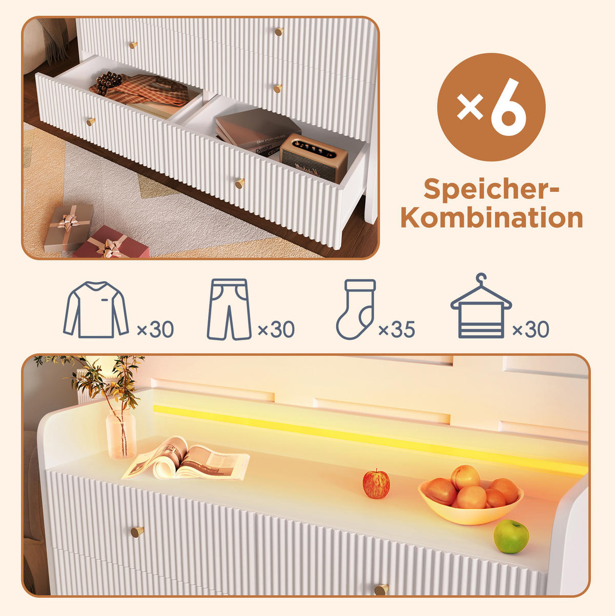 SIDEBOARD 120/40/75 cm Weiß aus Metall und Spanplatte mit LED-Beleuchtung - Weiß, Holzwerkstoff (40/75/120cm) - OKMYHOME