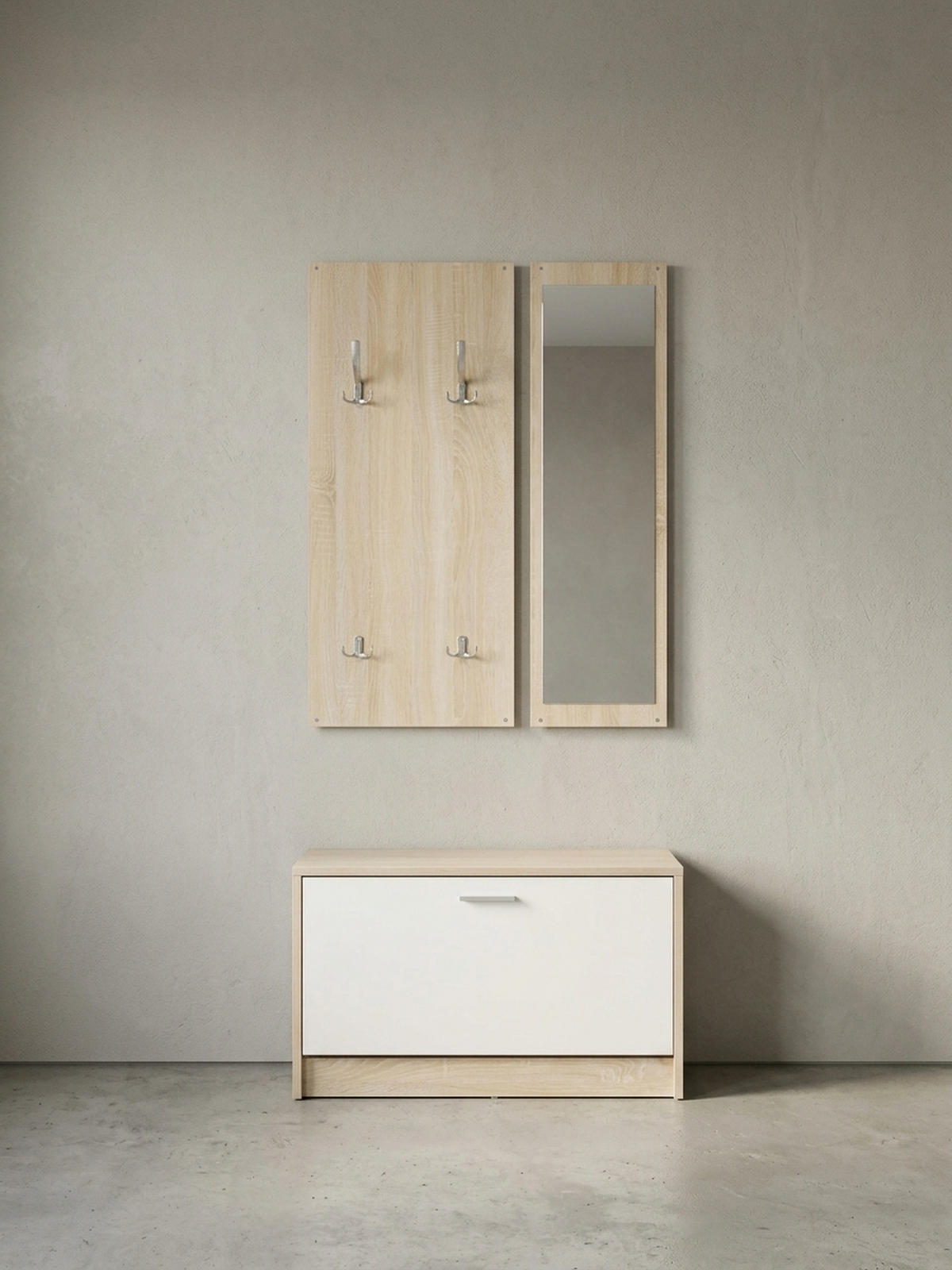 WANDGARDEROBE mit Spiegel, 10 Haken und Platz für 8 Paar Schuhe DELFT, Beige 80x27x180 cm - Beige, Holz (80/180/27cm) - KADIMA DESIGN