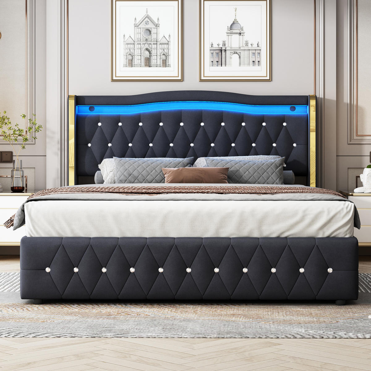 POLSTERBETT 160/200 cm schwarz mit hydraulischem Stauraum und farbwechselnder LED-Beleuchtung - Schwarz, Textil (160/200cm) - OKWISH