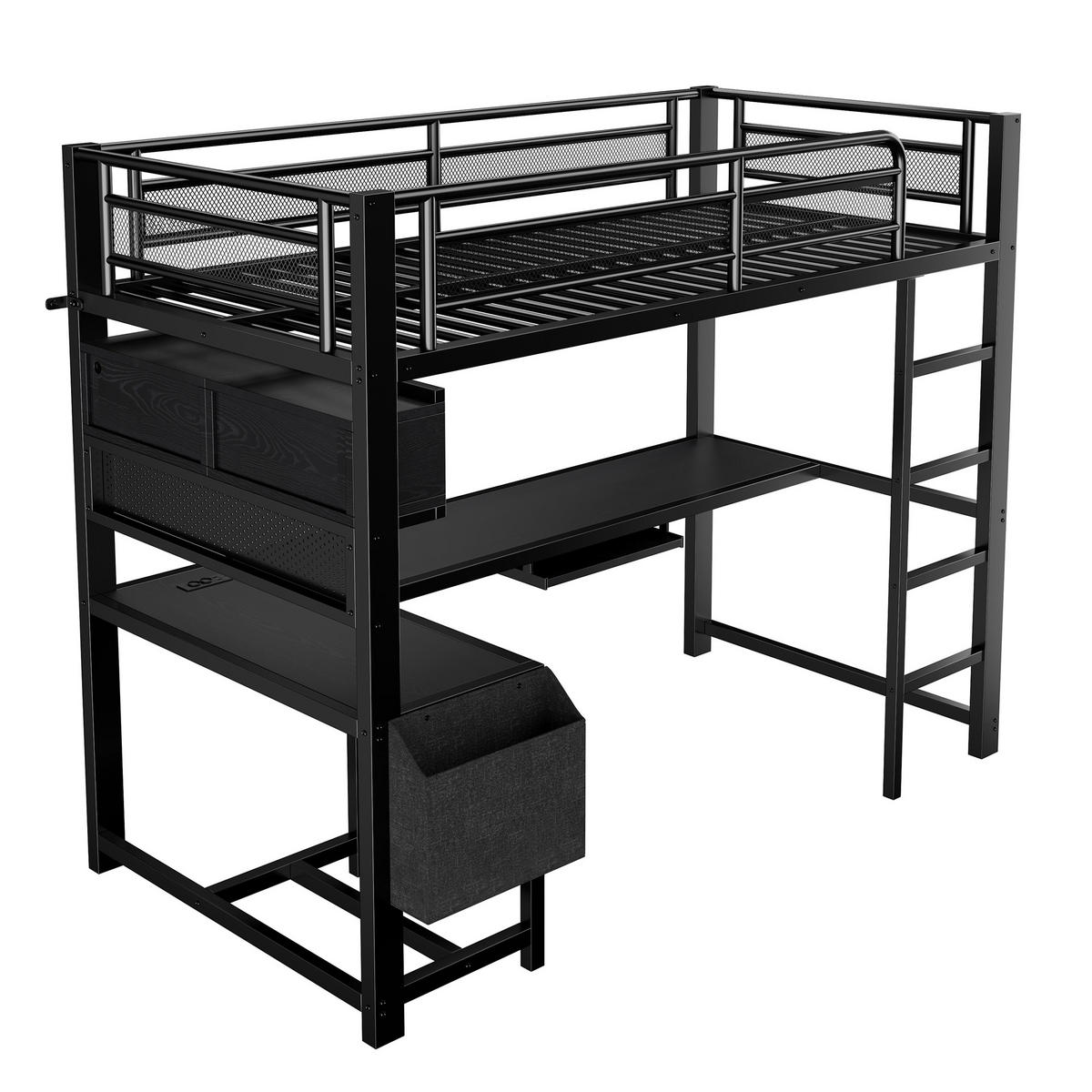 HOCHBETT 90/200 cm in Schwarz aus MDF und Metall mit Schreibtisch, LED und Steckdosen - Schwarz, Holzwerkstoff/Metall (90/200cm) - WISHDOR