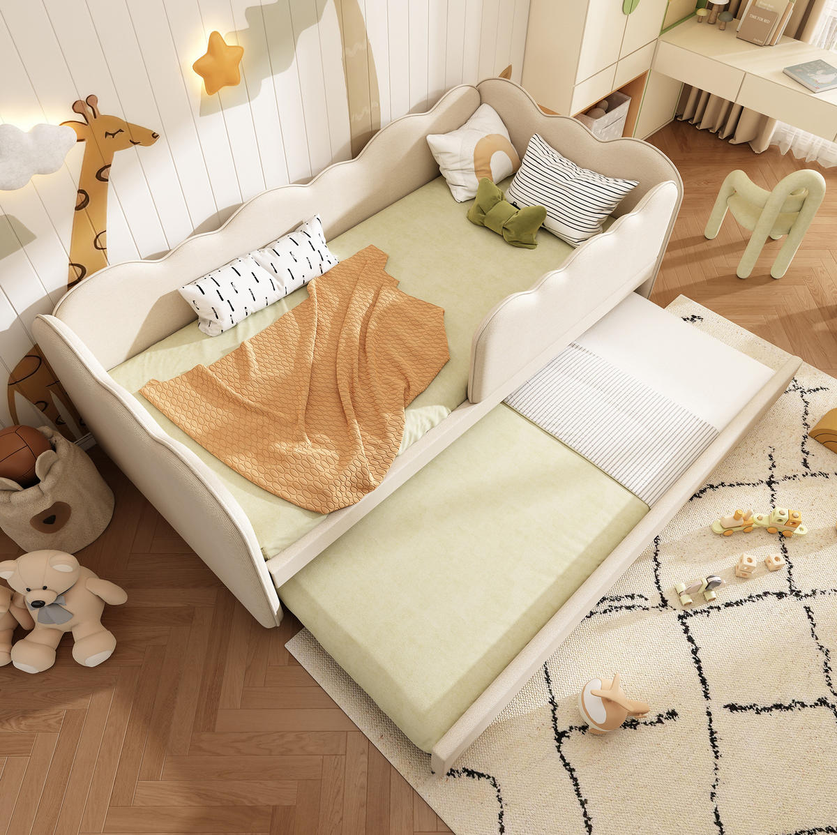 KINDERBETT 90/190 cm mit Ausziehbett, Wolkenform und gepolsterter Rückenlehne, Beige - Beige, Textil (90/190cm) - Redom
