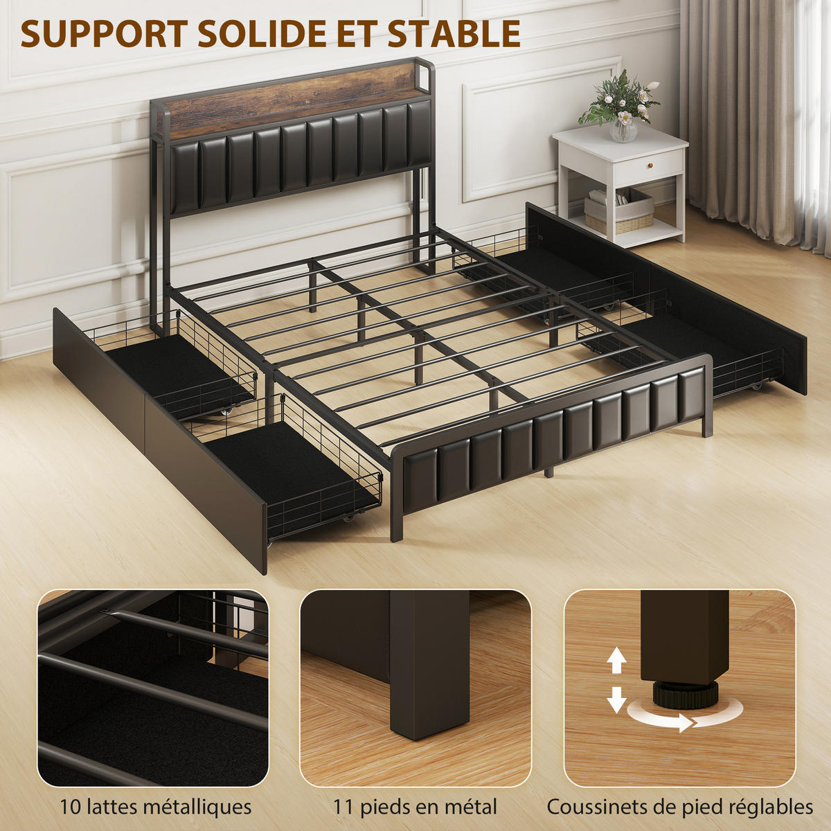 BETT 140x190 cm DE-14672 mit 4 Schubladen & Ablage Schwarz - Schwarz, Metall (140/190cm) - ComfortXL