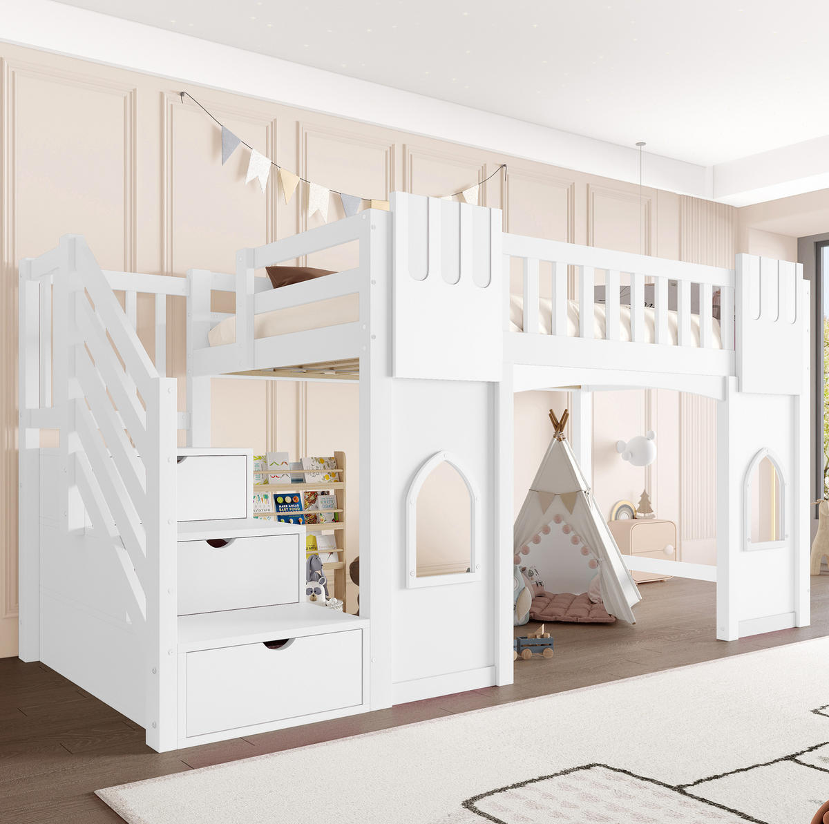 HOCHBETT 90/200 cm aus Kiefer, MDF und Sperrholz mit Stauraumtreppe und Fenstern Weiß - Weiß, Holzwerkstoff (90/200cm) - Modenvie