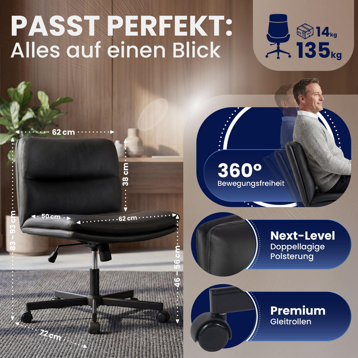DREHSTUHL Lederlook Schwarz - Schwarz, Textil/Metall (62/83/72cm) - CLP