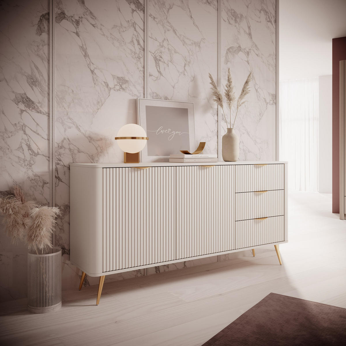 SIDEBOARD Flore 163 cm Beige / Gold - mit 3 Schubladen und 2 Türen - Riffel-Optik - Beige/Gelb, Holz/Holzwerkstoff (163/81/38cm) - Ravio
