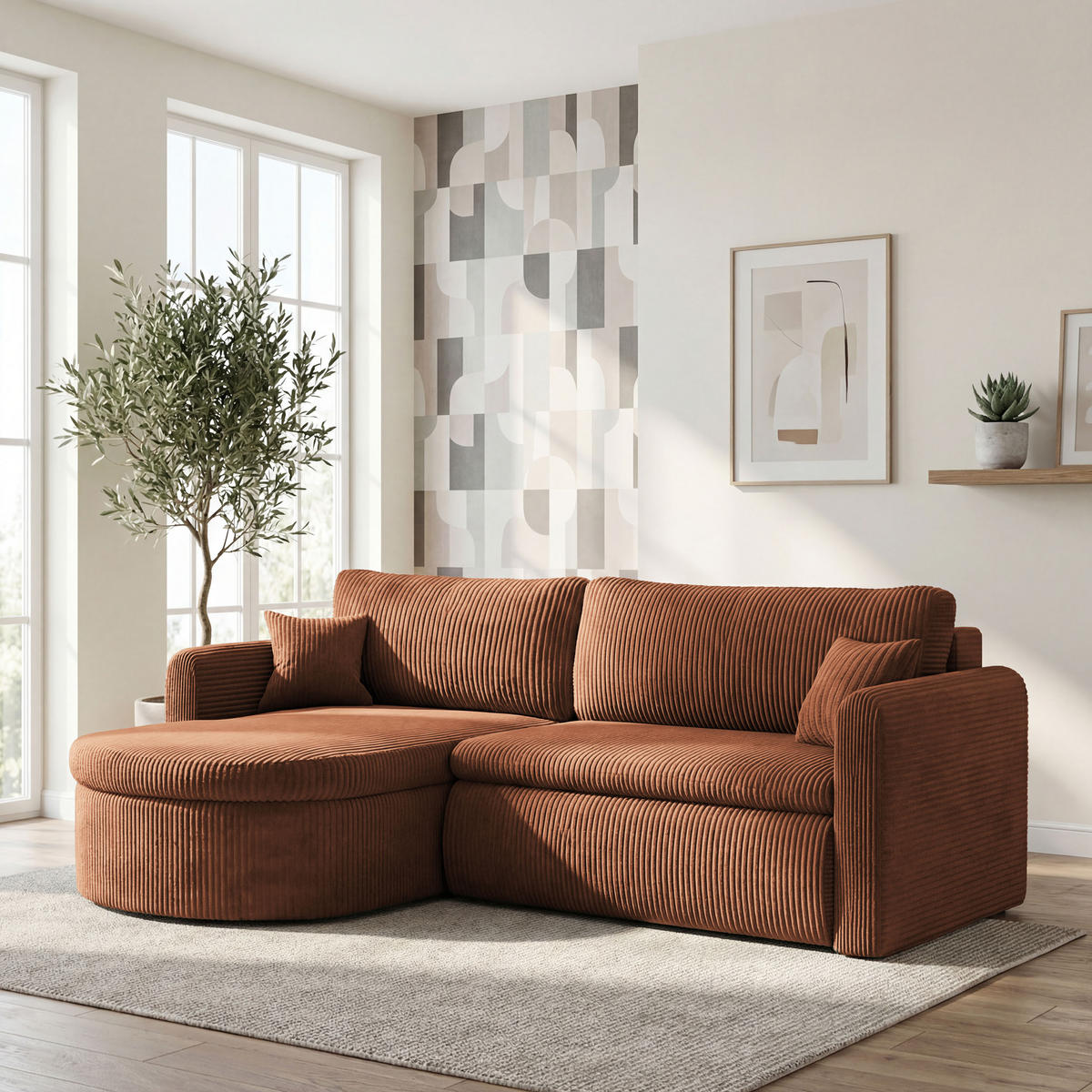 ECKSOFA Cora mit Schlaffunktion & Stauraum, Universell Rechts/Links, Orange Kupfer Cord Chenille 260/82/160 cm - Schwarz/Orange, Kunststoff/Textil (250/160cm) - WFL GROUP